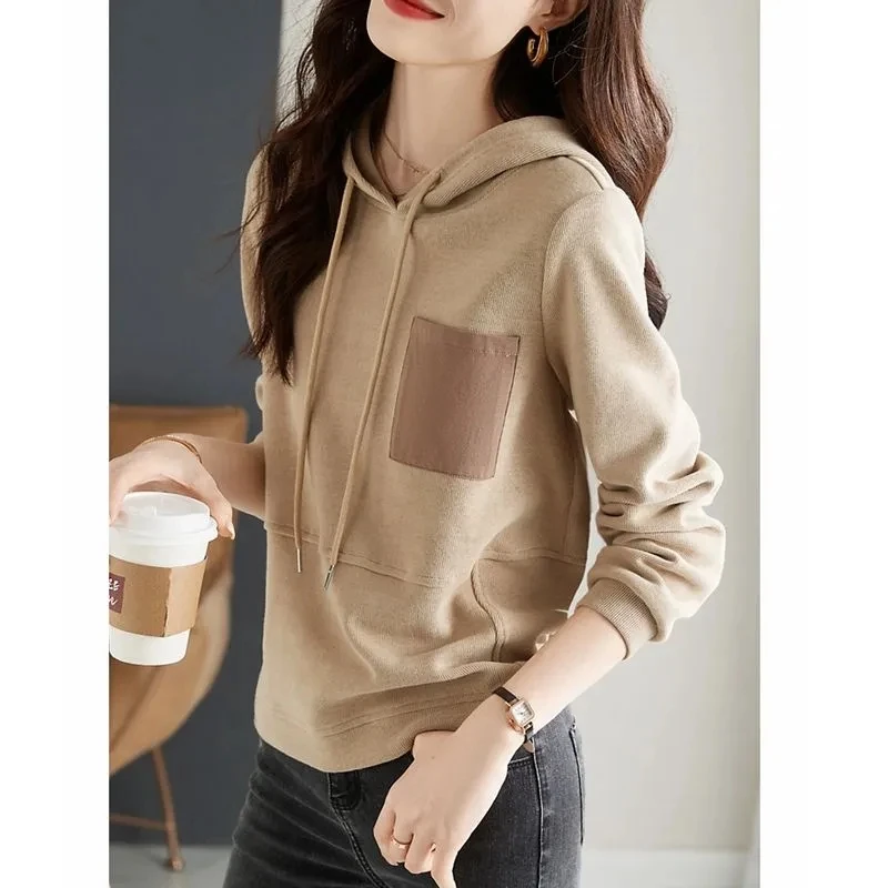 Korean Sooded Sweatshirt For Women's Autumn And Winter Fashion Stylish And High-end Pocket Splicing Loose And Versatile Long Sle