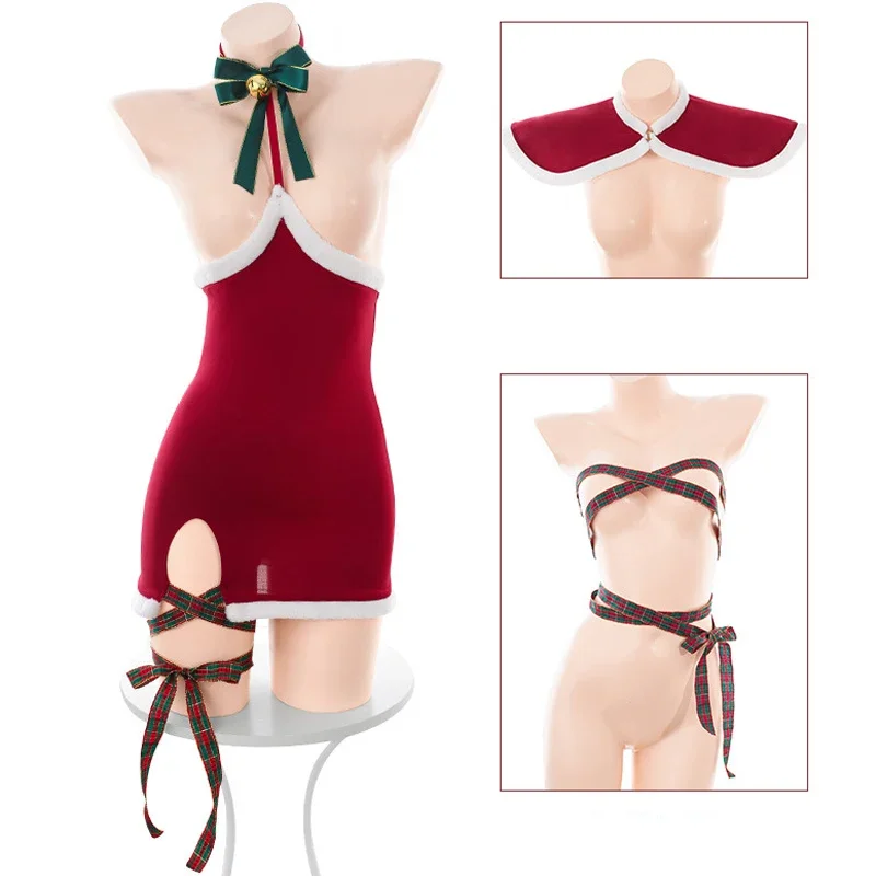 Sexy Christmas Outfits Hollow See Through Uniform Cosplay Costume Women Xmas Santa Claus Dress Red New Year Backless Lingerie