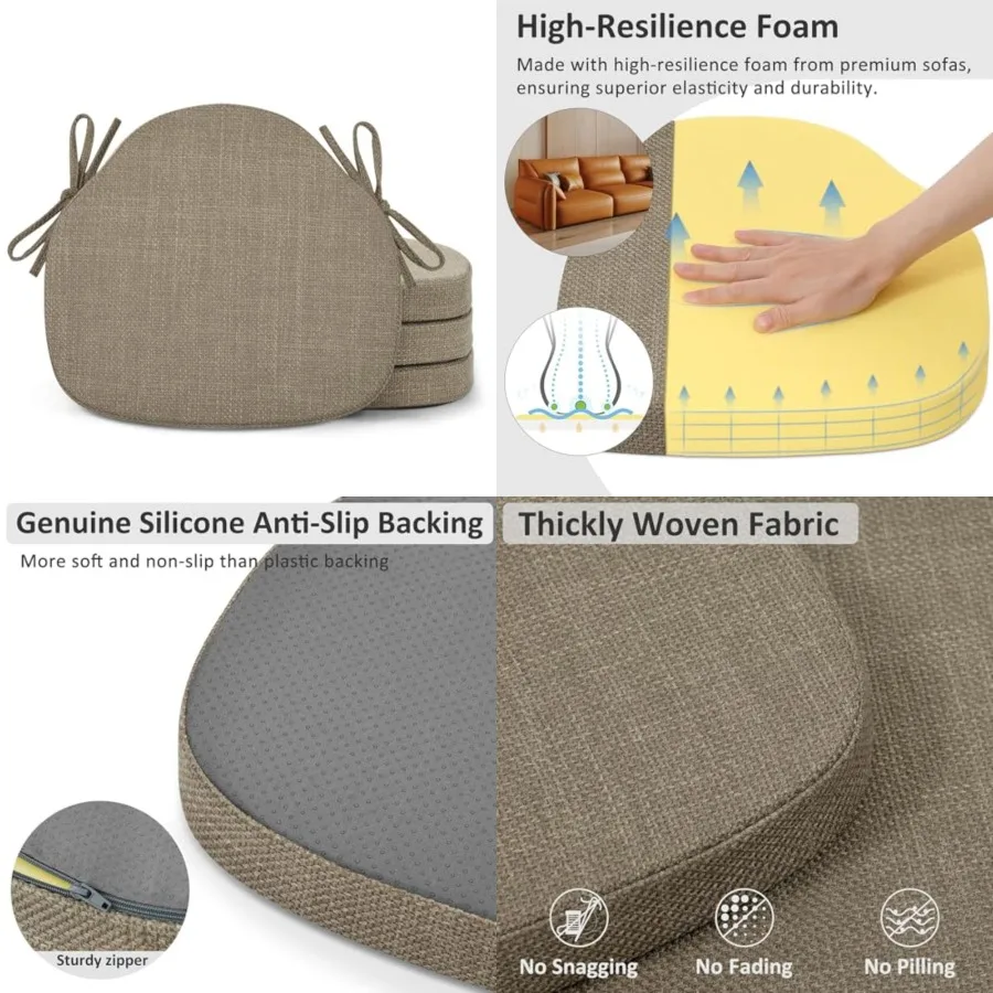 

Dining Chair Cushions Set of 4, High-Resilience Foam Windsor Seat Pads, Kitchen Chair Cushions with Ties and Textured Cover, 4