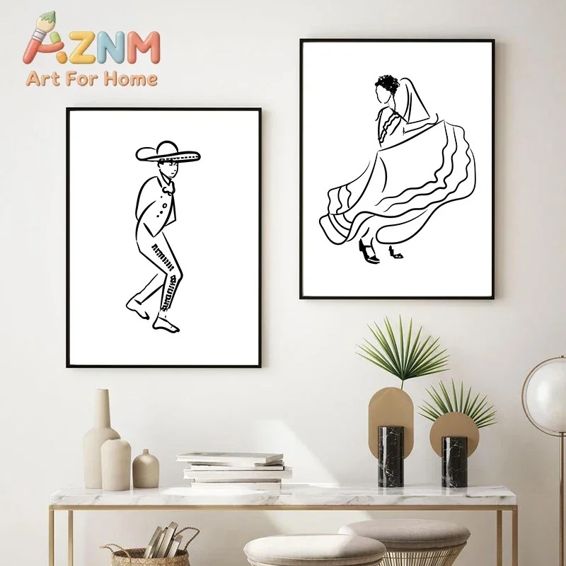 AZNM Mexican Folk Dancer Line Art Canvas Wall Art Frameless Black White Minimalist Cultural Dance Print Poster for Home Wall Dec