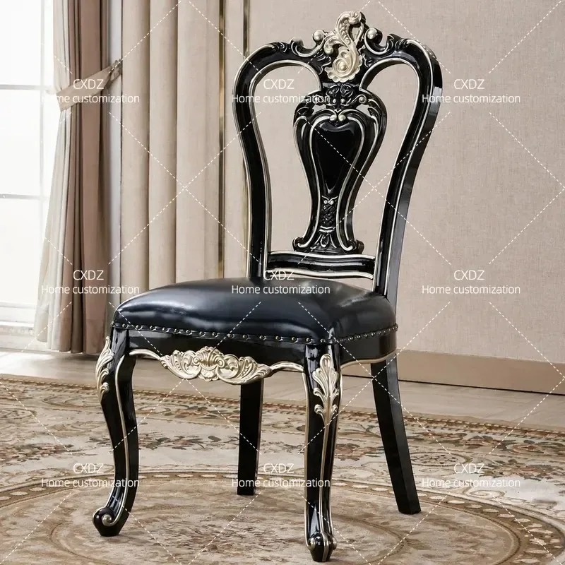 European Style Leather Dining Chair Ebony Solid Wood Double Sided Carved Retro Book Chair for Hotel Restaurant