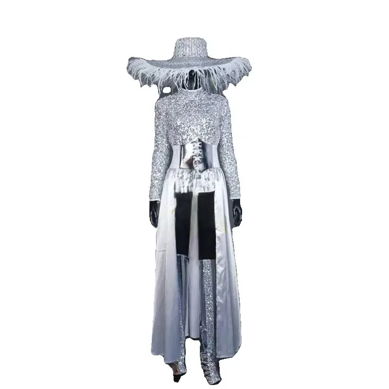 Silver Sequin Sexy Bodysuit Dress Bar Commercial Performance Party Prom Costume GOGO Show Singer Nightclub Dance Team Solo Wear