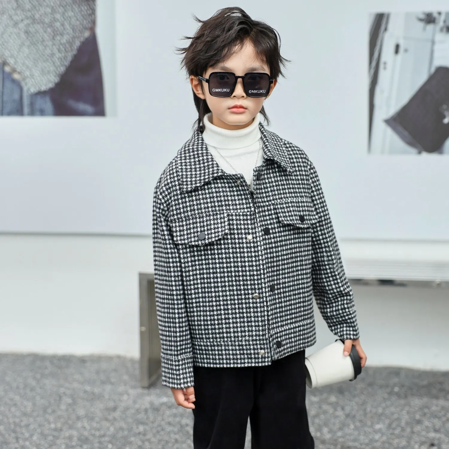 2025 Autumn Winter Boys' Houndstooth Wool Coat Loose Fit Korean Style Kids' Jacket Trendy Winter Outerwear