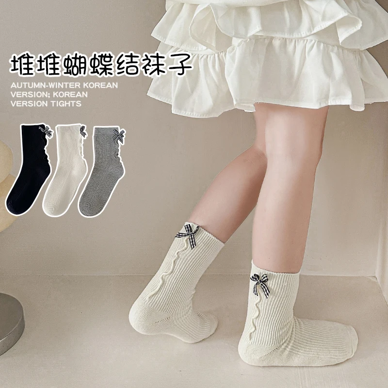 Mid Calf Socks Designed For Lolita Kids Cute Ruffled Trim And Bow Accent On The Heel Skin Friendly Ventilated Stretch Knit Socks
