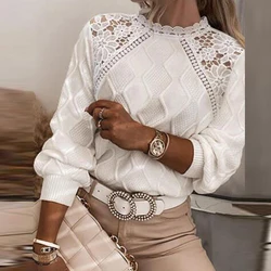 Elegant Lace Embroidered Hollow Knitting Sweater Women Casual Long Sleeve Solid Jumper Tops 2022 Fashion O-neck Loose Pullovers