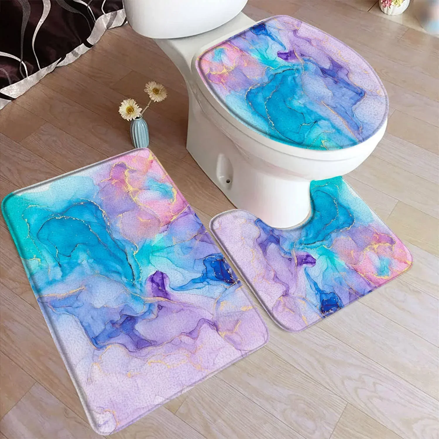 Abstract Marble Bath Mat Set Gold Textured Pattern Modern Geometric Black Carpet Home Bathroom Decor Floor Rugs Toilet Lid Cover