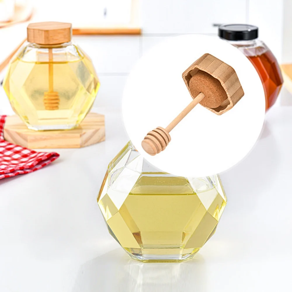 200/380ml Hexagon Glass Honey Bottle Kitchen Household Stirring Rod Creative Honey Container With Wood Lid Honey Tank Jar