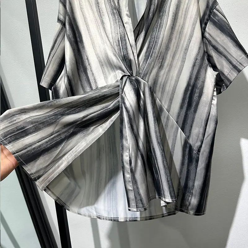 Summer Designer Geometric Striped Loose Lapel Shirt Casual Retro Japanese Irregular Short Sleeve Top