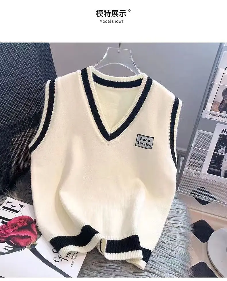 White Top and Vest Korean Academy Style Loose Slim Pullover Sleeveless Tank Top Sweater Autumn and Winter V-neck Knitted Vest