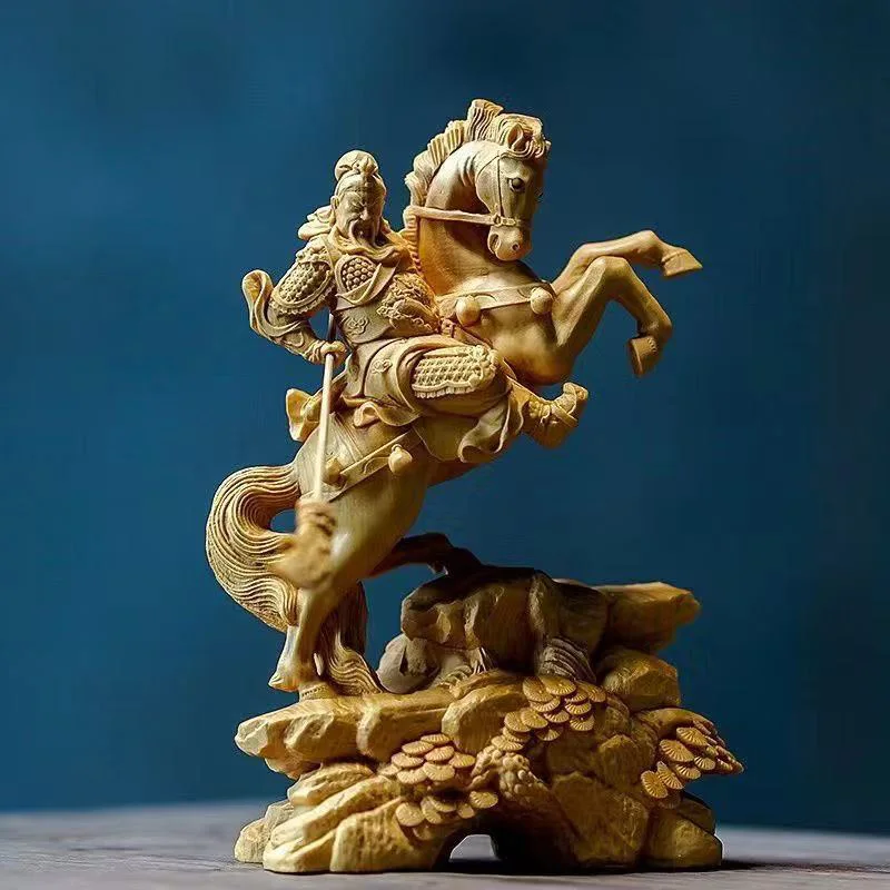 Wood carving Riding a horse Guan Gong God of Wealth Statue Chinese mythological figure  Home room, office decoration accessories