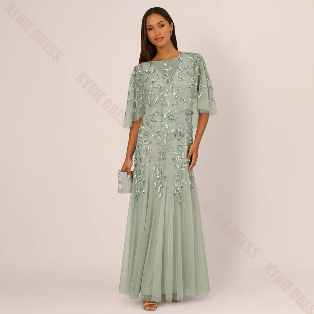Customized Mother of The Bride Dress Charming Boat Neck Cape Sleeve Beading Sequined Tulle A Line Wedding Guest Dress Party Gown