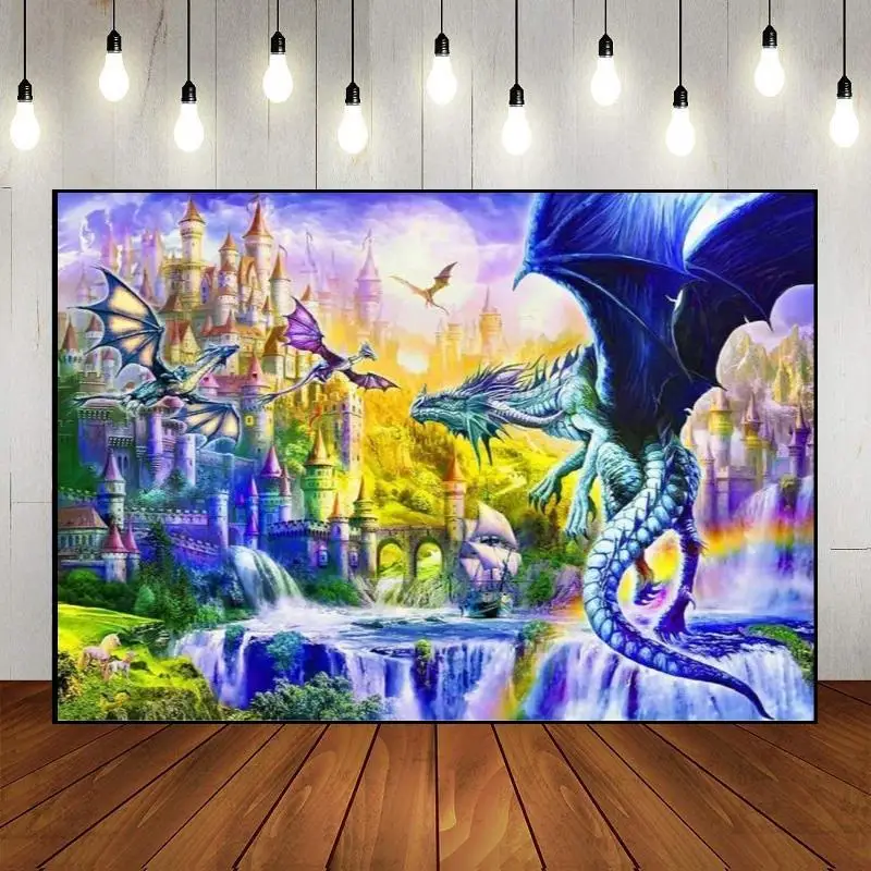 Fantasy Macarron Dragon Theme Decoration Party Backdrop Wall Happy Birthday Photography Custom Science Fiction Fire Breathing