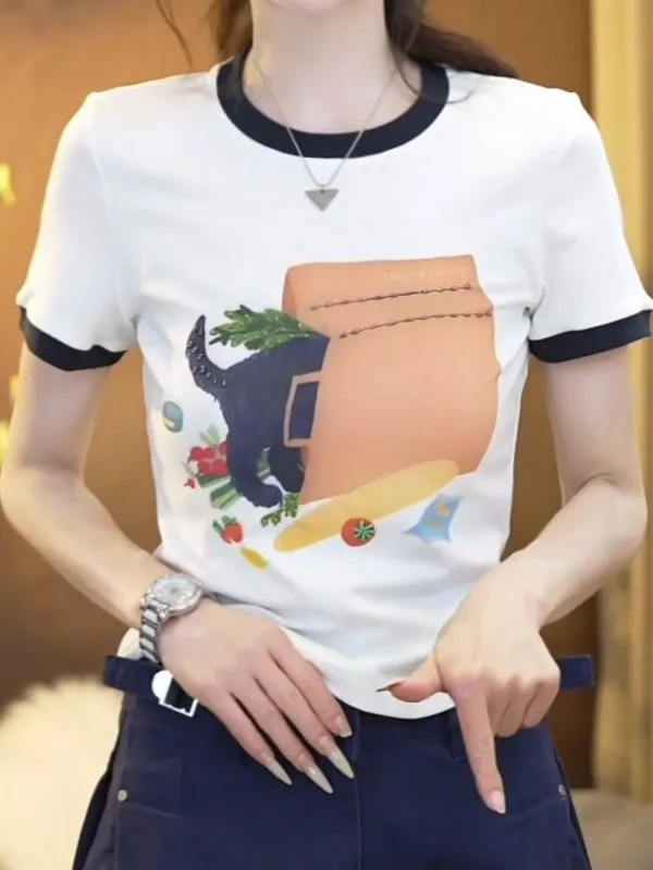 Camiseta de Verano Coreana para Mujer, Estilo Informal, Versátil, con Estampado de Bloques de Color, Antienvejecimiento, Moderna y a la Moda