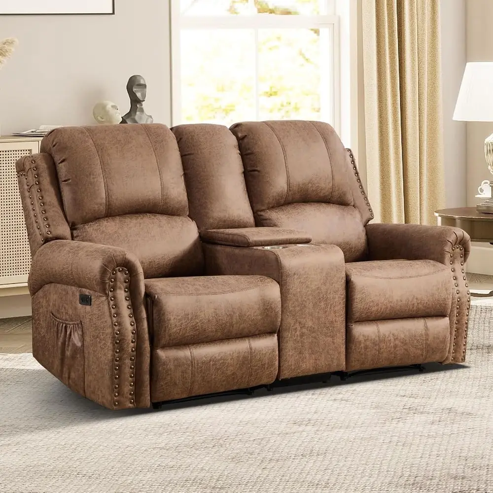

Vintage-Inspired Double Recliner Sofa with Side Table, Center Console, Storage, and Cup Holders in Nut Brown Leather for Living
