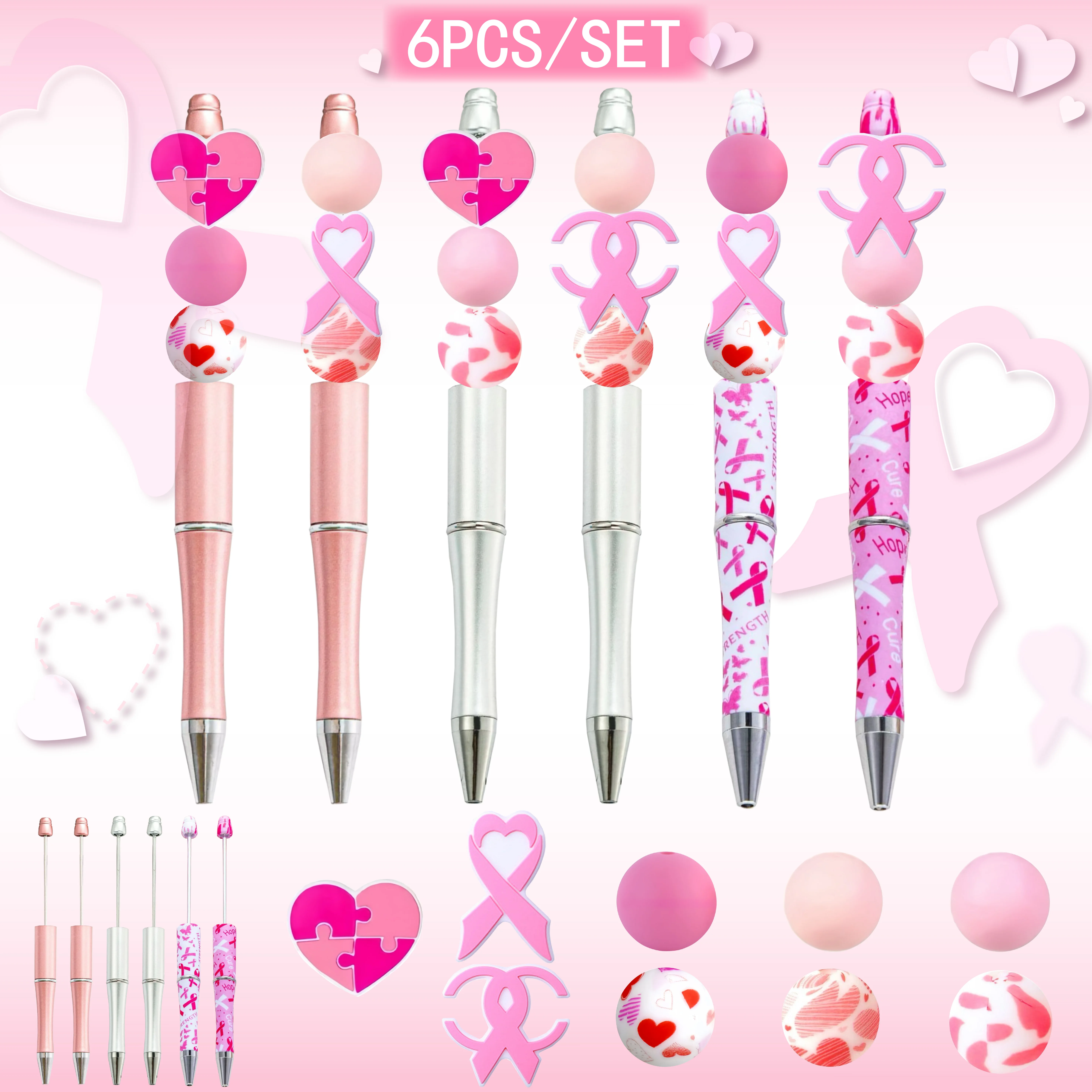 

6 шт. новая розовая лента любовь о осведомленности о раке молочной железы тема DIY шариковая ручка из бисера и набор силиконовых бусин, офисные и школьные принадлежности