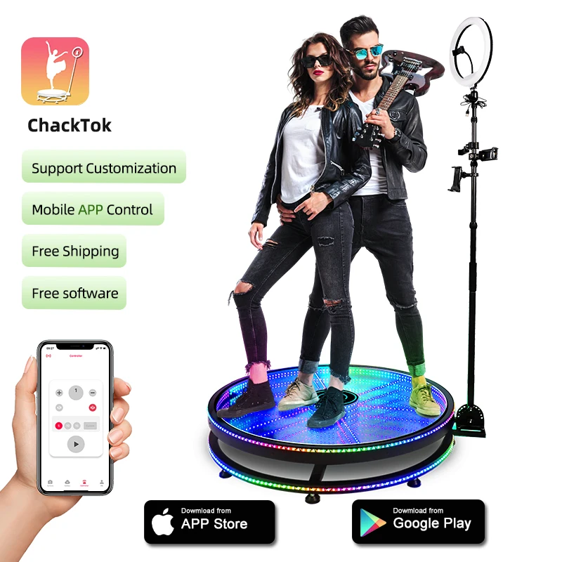 Machine de photomaton CHACKTOK 360 pour fêtes, cabine photo rotative à 360° avec logiciel de personnalisation de logo supplémentaire, application mobile et contrôle automatique à distance