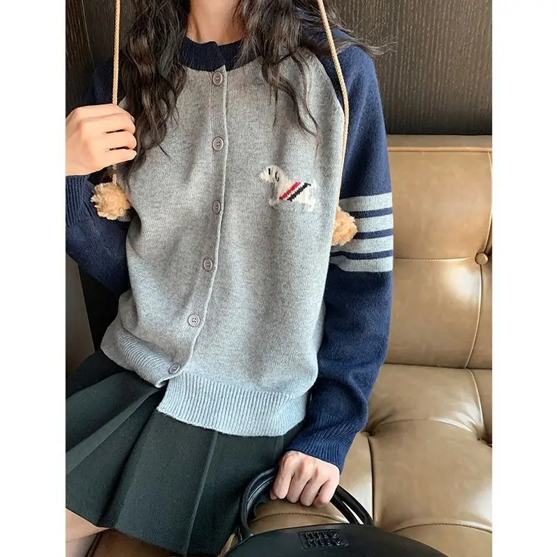 Small Dog Color Blocking Knitted Cardigan Sweater for Women\'s Spring Autumn New Korean Version Slimming Casual Trendy Chic Top