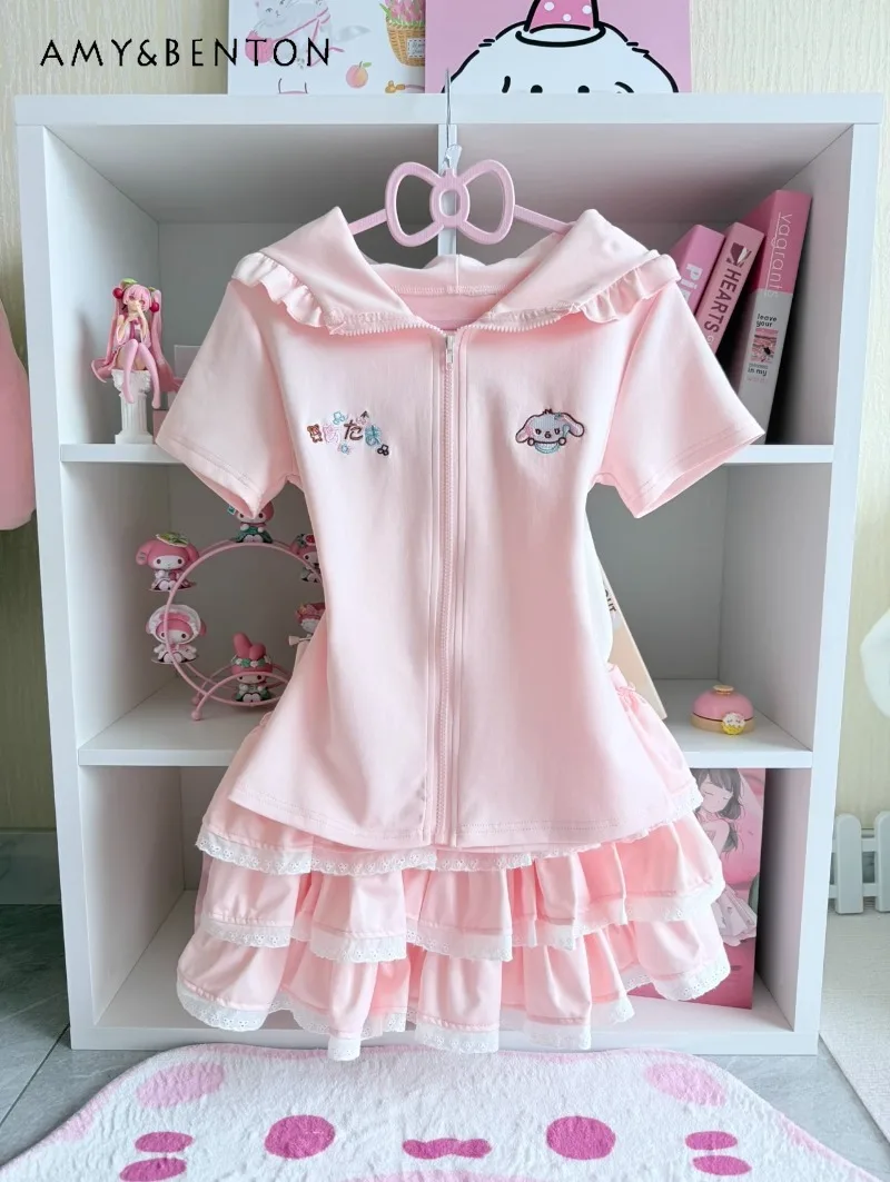 

Japanese Summer Cute Rabbit Ears Pure Desire Wind Short-sleeved Hooded Top with Cake Puffy Skirt Suit For Women