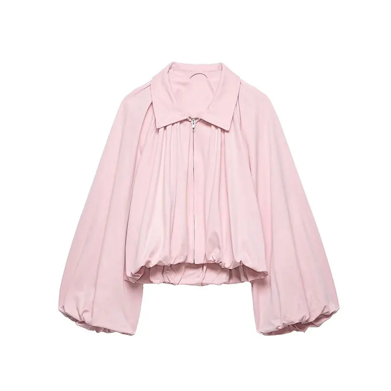 NLZGMSJ Vrouwen Bomberjack 2026 Lente Bal Mouw Plooien Rits Losse Jas Vrouwelijke Casual Oversize Top Y2K