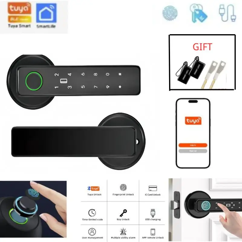

KAMIDE Tuya BLE Fingerprint Door Lock Digital Electronic Lock with Password/Key/IC Card/ Smartlife/ Tuya APP Unlock