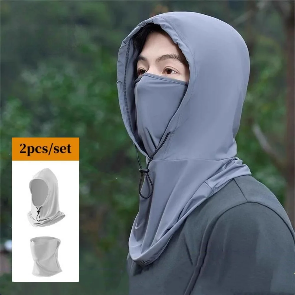 2pcs/set  Ice Silk Face Cover Mask Men Women Cycling Fishing Half Face Cover Detachable UV Protection Neck Wrap Cover Face Mask