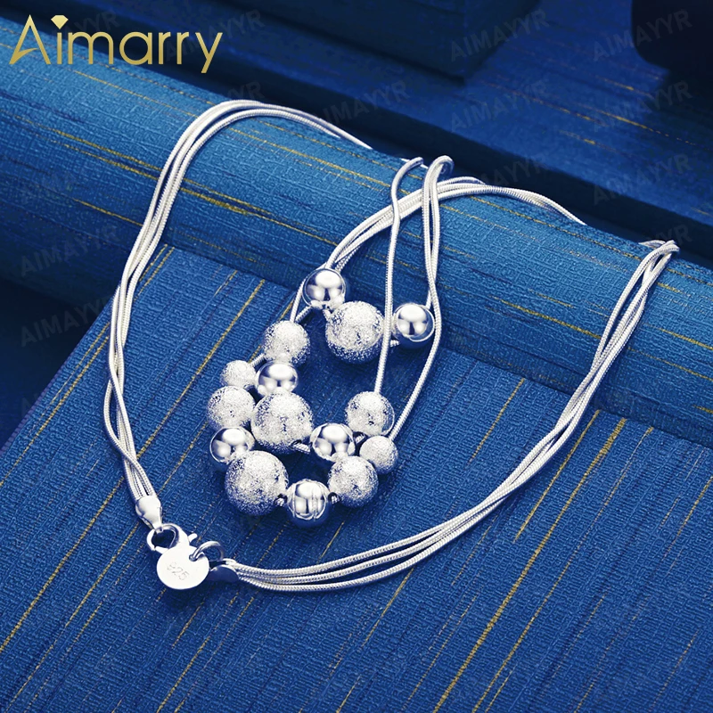 925 Sterling Silver Multi-layer Snake Bone Mixed Bead Necklace 18 Inch Women's Party Engagement Wedding Fashion Jewelry