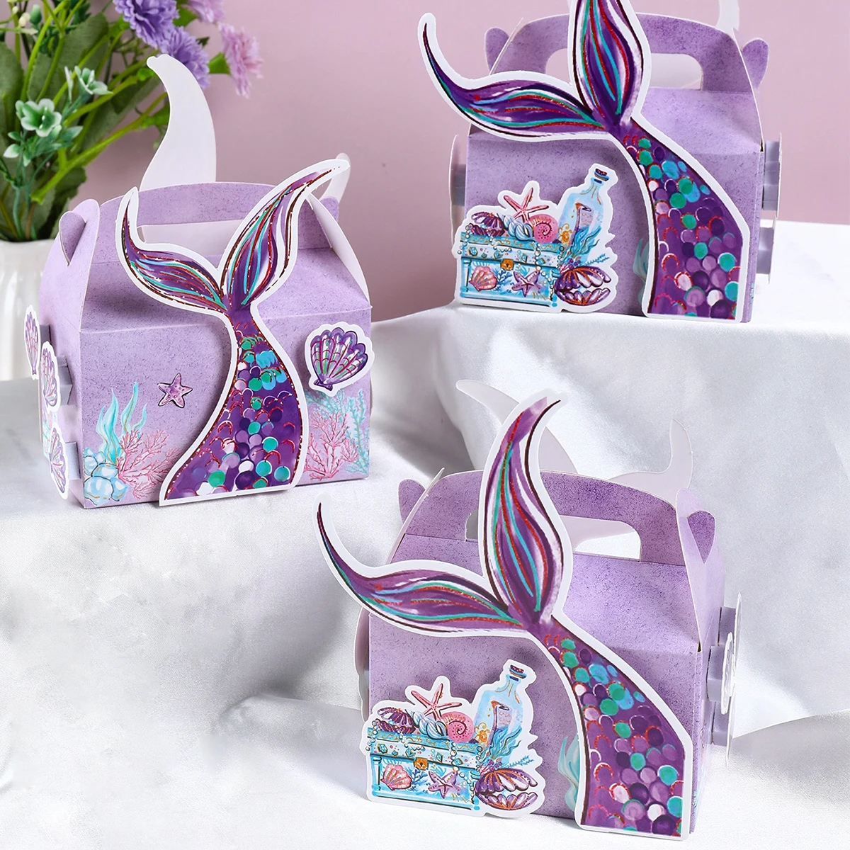 4pcs DIY Mermaid Candy Box Underwater World Favor Gift Box Biscuit Cake Baking Packaging Bags Wedding Birthday Party Decoration