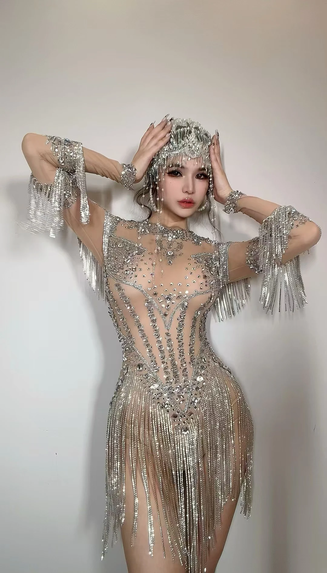 Women High-end Sparkly Rhinestone Tassel Bodysuit Party Stage Performance Sexy Bodysuit Dance Wear Latino Dance Dress Yixing