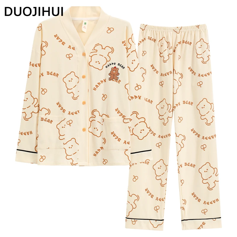 DUOJIHUI Two Piece New Pure Color Women's Pajamas Set V-neck Cardigan Basic Pant Fashion with Chest Pad Casual Pajamas for Women