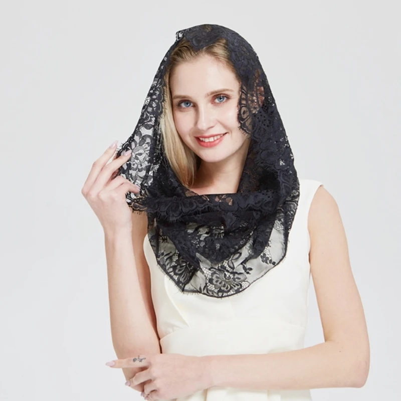 Women Lace Mantilla Veil Headscarf Embroidery Lace Church Scarf Female Solid Color Head Covering Shawl Shoulder Wrap Mini Cape