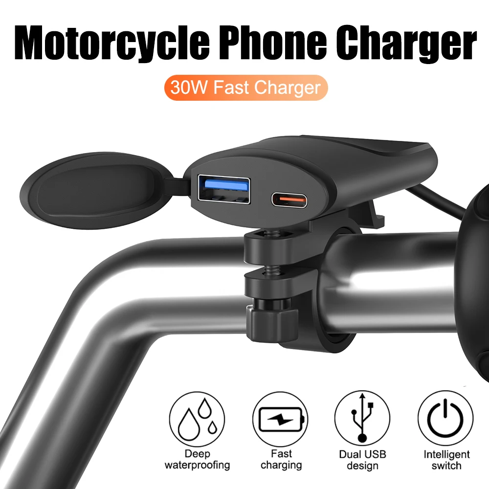 

3.4A 30W QC3.0 Motorcycle USB Charger IP67 Waterproof 12V-24V Fast Charger Handlebar Mounting Bracket Moto Phone Charger