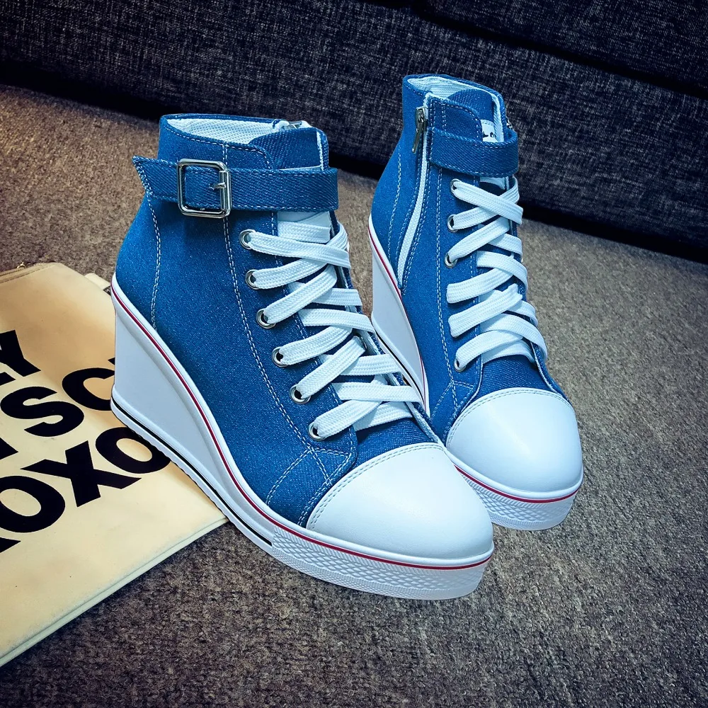 Denim Blue Women\'s Ultra Light High Top Canvas Sneakers Hidden Invisible Heel Wedge Shoes Casual Breathable Platform Sneakers