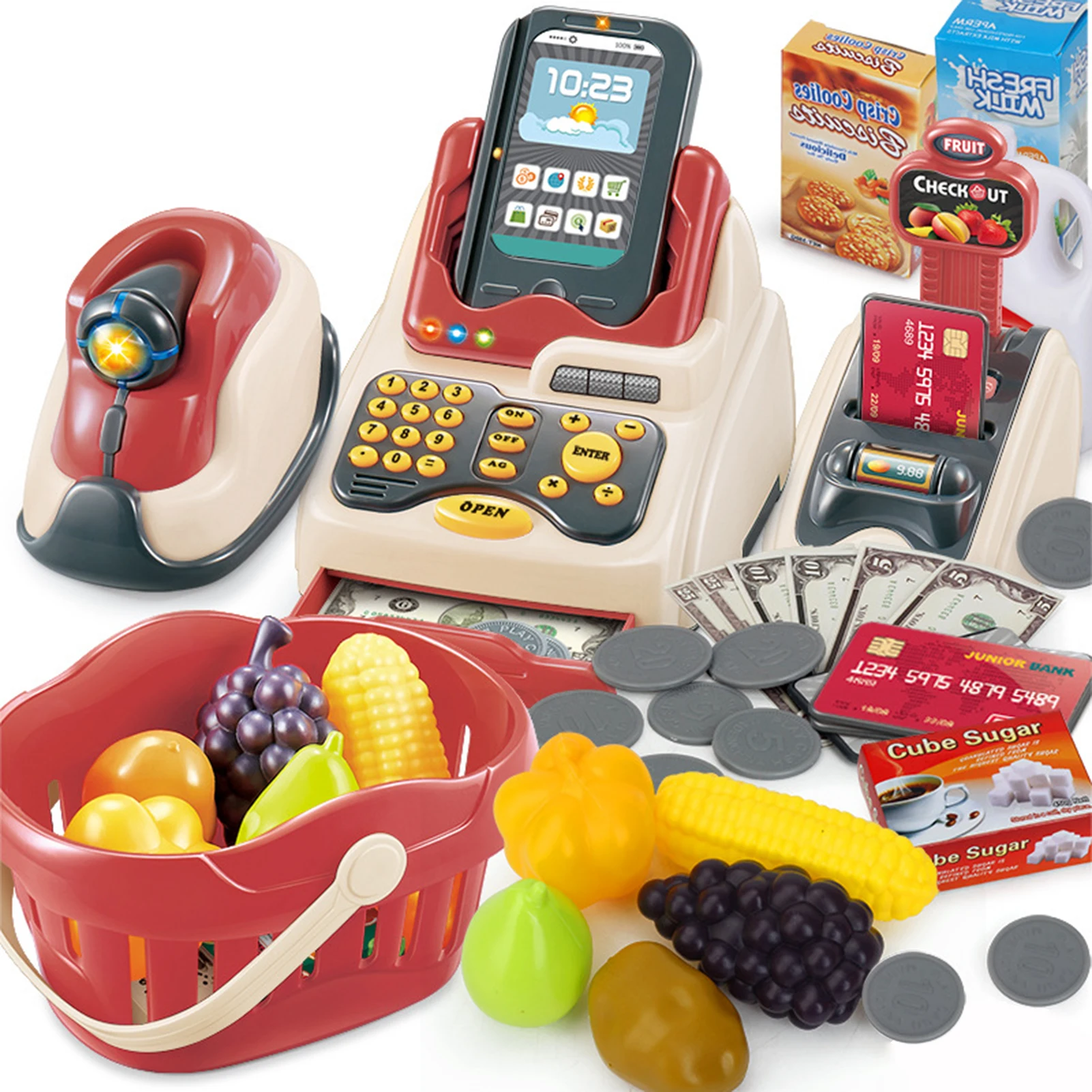 Kids Cash Register Toy Set, fingir jogar, Modelo Educacional, CONDUZIU, Música, Loja, Scanner, Alimentos, 36Pcs