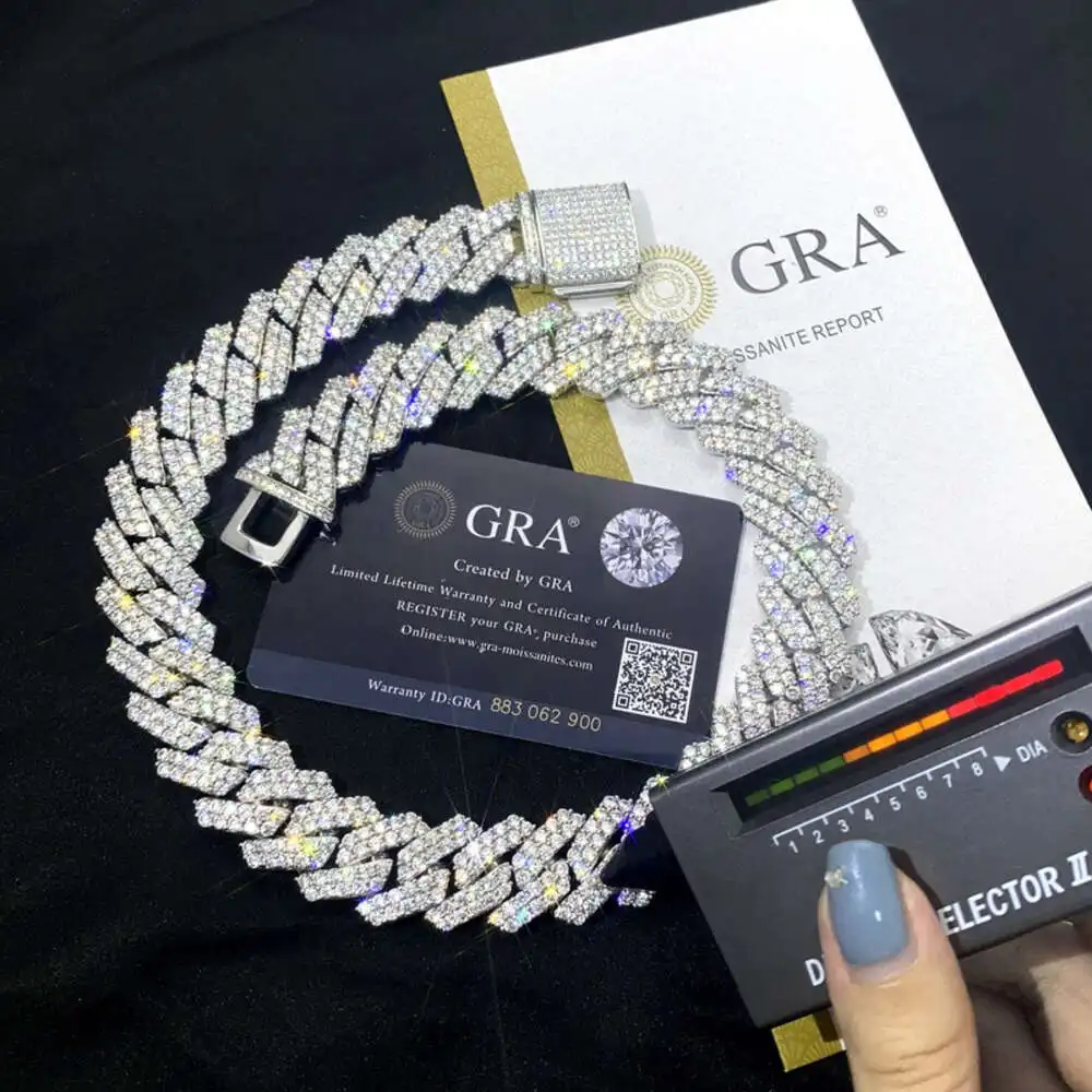 Pass Diamond Tester Gra Moissanite Diamond 6mm-20mm Wide 2rows 925 Solid Silver Cuban Link Chain for Rapper Hip Hop Necklace