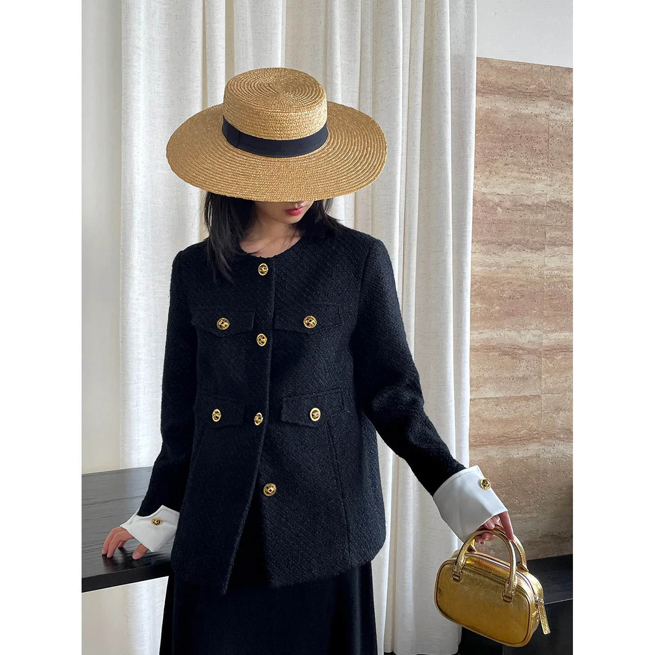 

Splicing Sleeve Black Tweed Jacket Elegant Women Coat