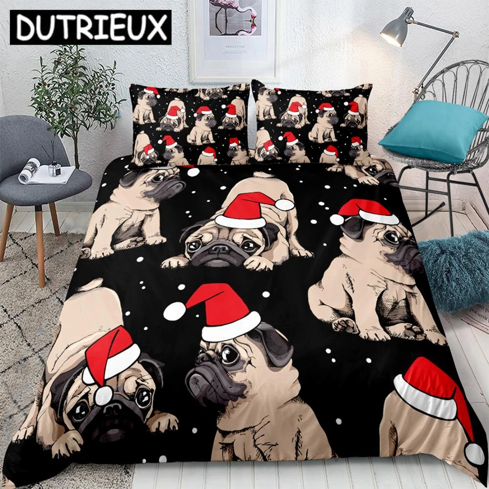 

Christmas Pug Duvet Cover Set Cute Dog Pattern Bedding Set 3-piece For Kids Bedding Set Black Home Textiles For Boy Girl