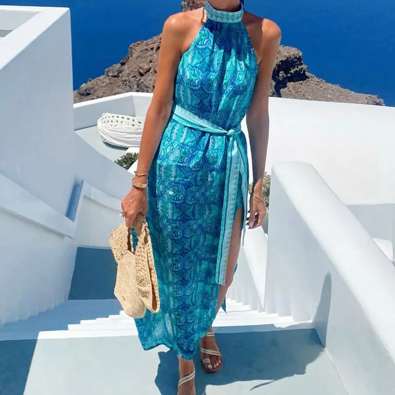 Robe de soirée Sexy, épaules dénudées, taille haute, imprimé bohème, robe de plage, vacances, décontractée, ajourée, sans manches, longue en Satin