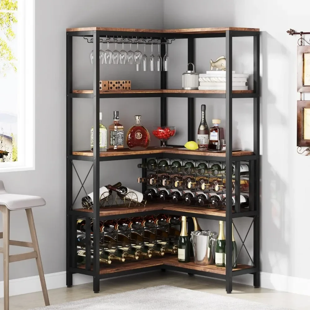 Estante de vino de esquina grande, gabinetes de barra de piso Industrial en forma de L de 5 niveles, almacenamiento de licor y vasos para cocina casera, Marrón rústico