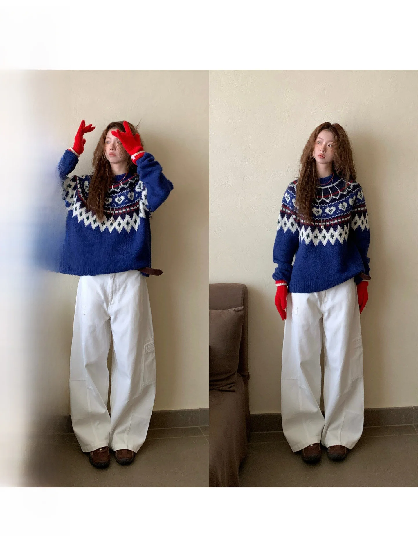 

COK Зимняя новинка: Корейский свитер в стиле Fair Isle, теплый, для повседневной носки, прямой крой