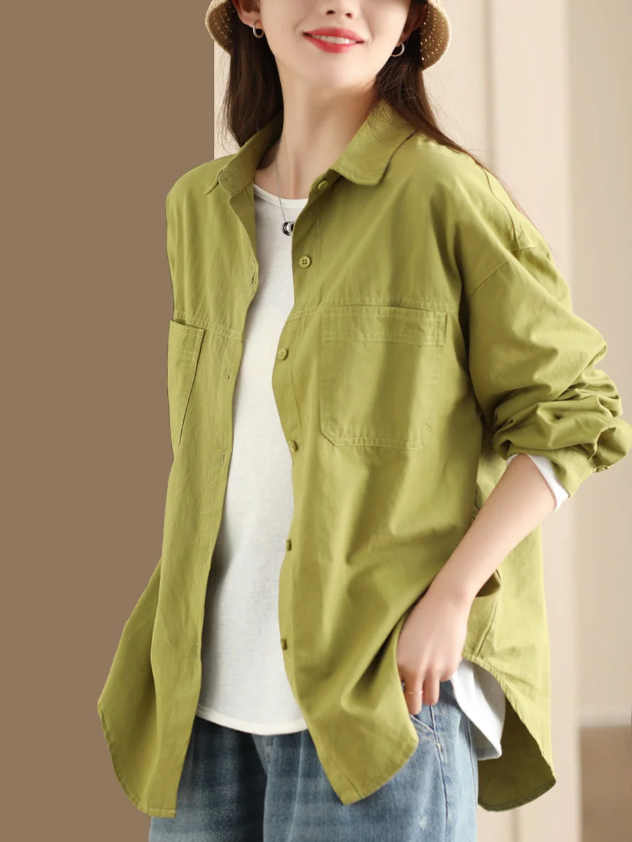 

Pure Color Cotton Long Sve irt Women's Casual Loose Sle Commute Faion Spring Autumn Spring Casual Cardigan Top