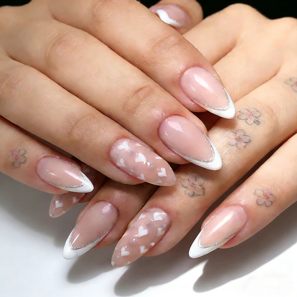 

Glossy Peach Square Press on Nails with Heart Design 48Pcs Almond Fake Nails Silver Glitter Reusable Cute False Nails for Women