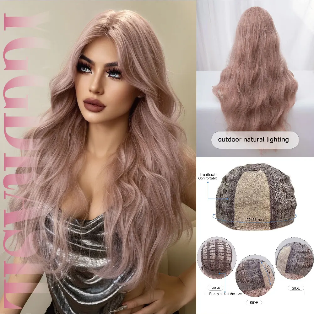 28Inch Fantasy Style Pinky Blonde Synthetic Lace Wigs Middle Part Long Wavy Hair For Women Front Lace Daily Use Heat Resistant