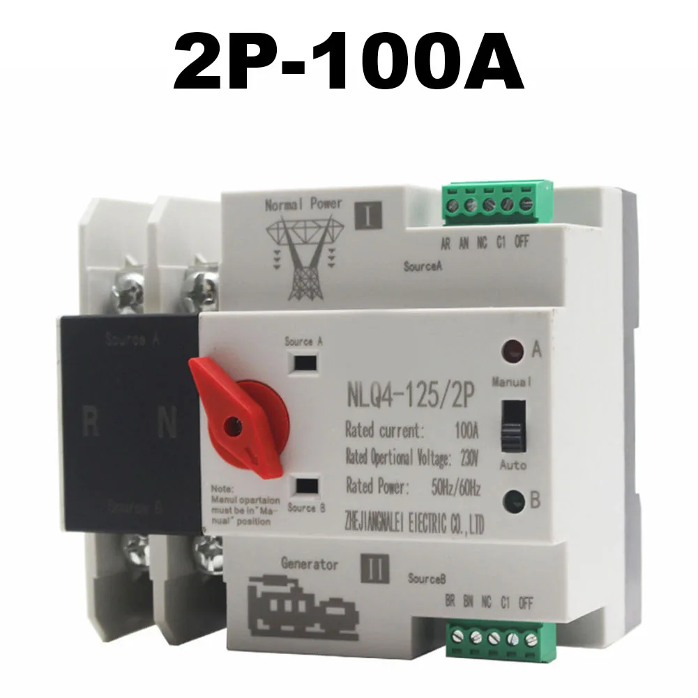 

2P 100A Din Rail Dual Power Automatic Transfer Switch Electrical Selector Switch Power Tools Accessories Replacement