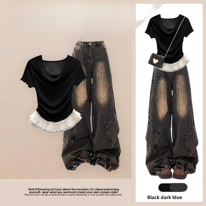 

Summer 2026 Women's Sweet Lace Splicing Hem Short Sleeve T-Shirt And Jeans Set Versatile Match Wood Grain Design Two-Pie...
