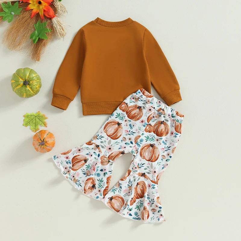 Cute Baby Girl Autumn Apparel Set with Adorable Letter Print Sweatshirt and Pumpkin Flower Print Flare Pants for Halloween Theme