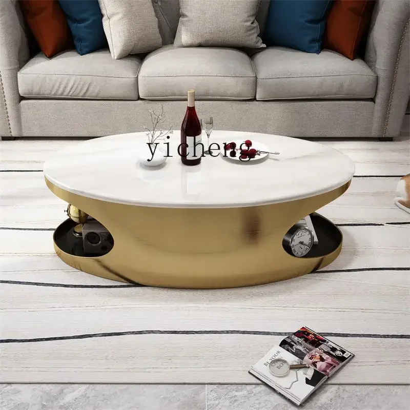 Oval Light Luxury Marble Coffee Table Living Room Creative Stainless Steel Double Storage Tea Table