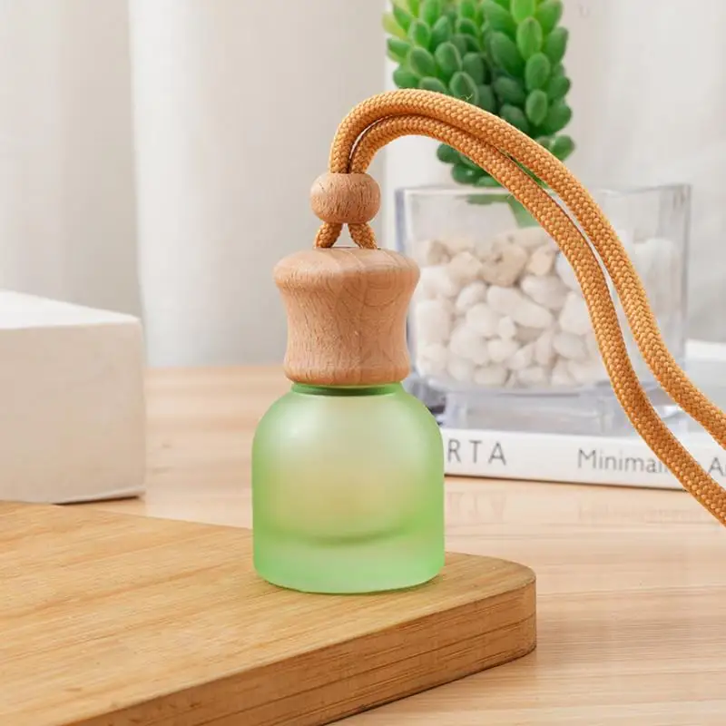 Frosted Perfume Glass Bottle With Wooden Caps 11ml Empty Car Air Freshener Pendant Refillable Car Essential Oil Diffuser Bottles