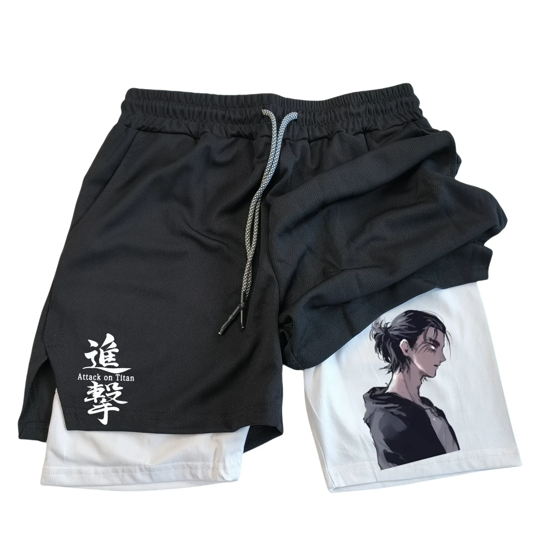 Men\'s Double Layer Fitness Anime Shorts Drawstring Mesh Lining Elastic Waist Breathable Quick Dry to Beach Pool Summer Male