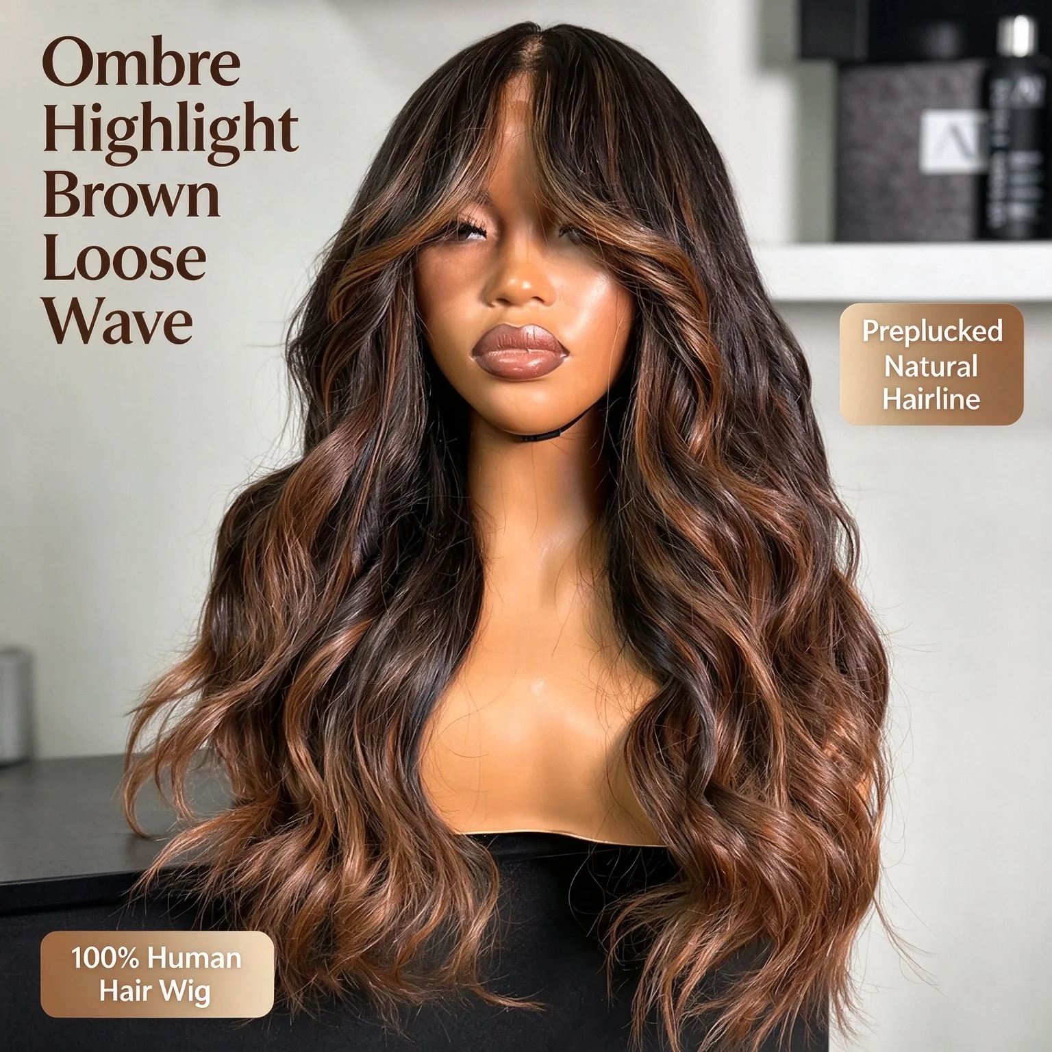 Glueless Wear And Go Lace Frontal Human Hair Wig Preplucked Blow-Out Looks Wave 13x4 Lace Wig Ombre Brown Highlight Colored Wig