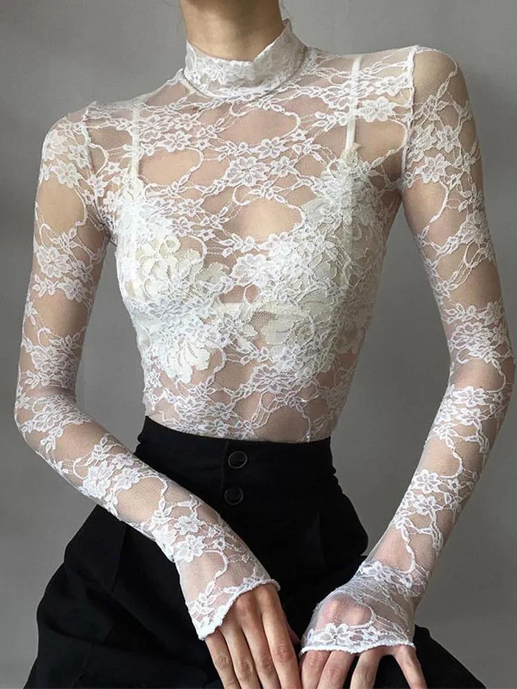 Transparent Lace Crop Top Women Elegant Sexy Solid White Long Sleeve Slim T-shirt Korean Fashion Shirts y2k Aesthetic Tee